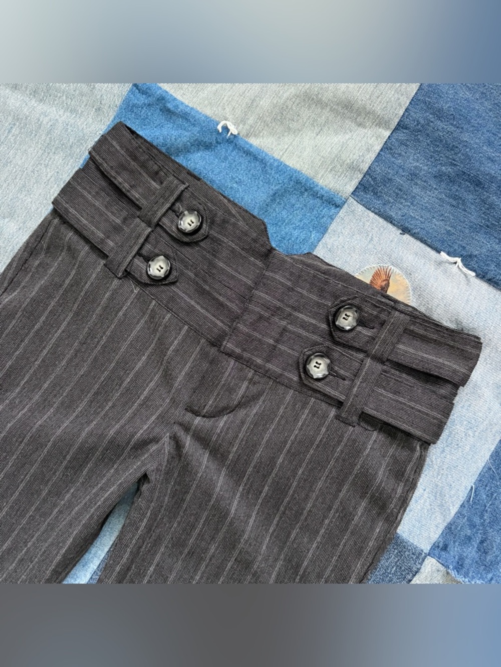 Y2K vanity flare grey striped trouser pants low rise wide belt button woven 5 - Picture 2 of 12